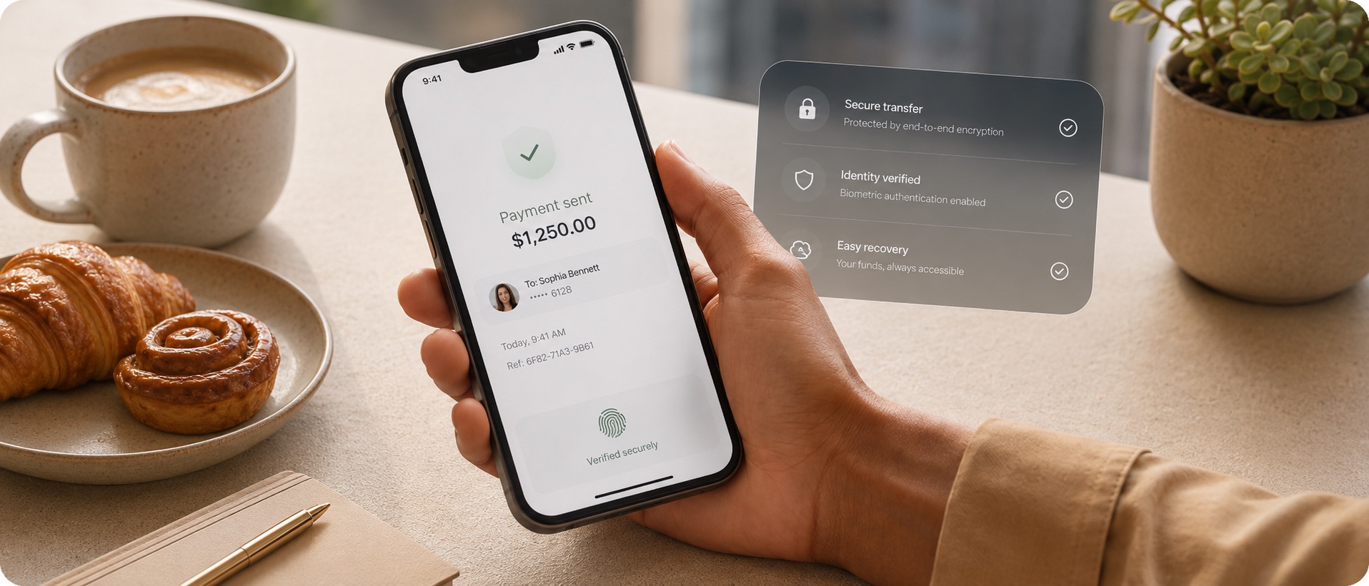 A hand holding a phone that shows a completed, securely verified payment